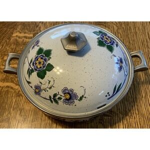 Vintage Asta Germany Enamel Cookware‎ Small Pot 8.5" Diameter Blue Flowers